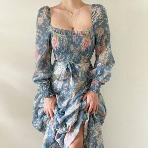 Sororite Vintage - Vintage 1970s Dusty Blue Floral Puffy Sleeve Prairie Dress